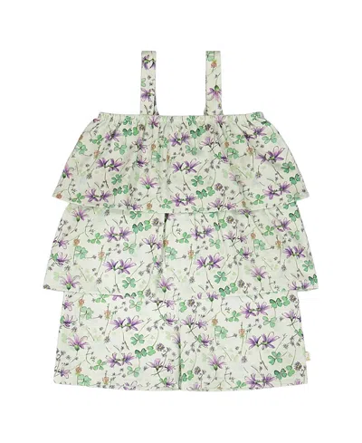 Deux Par Deux Kids'  Girls' Jersey Printed Flowers Romper With Tiers - Baby In Green