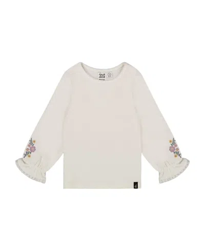 Deux Par Deux Girls' Jersey Top With Embroidered Floral Sleeves - Baby In White