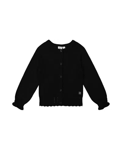 Deux Par Deux Girls' Knit Button-front Scallop Ruffle Trim Cardigan - Big Kid In Black