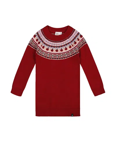 Deux Par Deux Girls' Knit Dress With Apple Jacquard Yoke - Little Kid In Red
