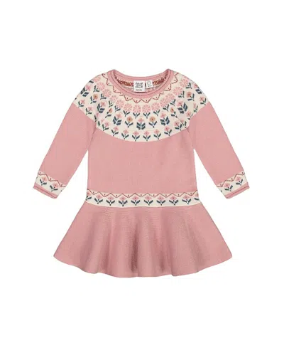 Deux Par Deux Girls' Knit Dress With Round Intarsia Flowers Light Pink - Baby In Rosette