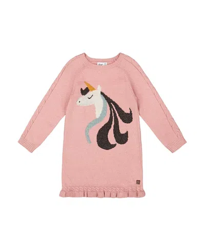 Deux Par Deux Girls' Knitted Dress With Unicorn Intarsia - Little Kid In Pink