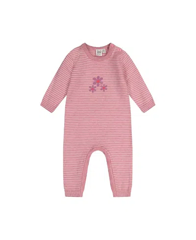 Deux Par Deux Girls' Knitted Flower Stripe Button Romper - Baby In Pink