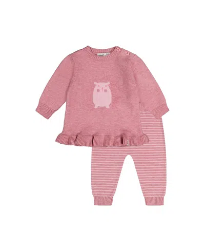 Deux Par Deux Girls' Knitted Hedgehog Ruffle Top And Striped Pants Set - Baby In Pink