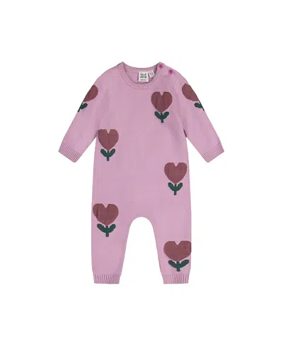 Deux Par Deux Girls' Knitted Intarsia Heart Flower Button Romper - Baby In Pink