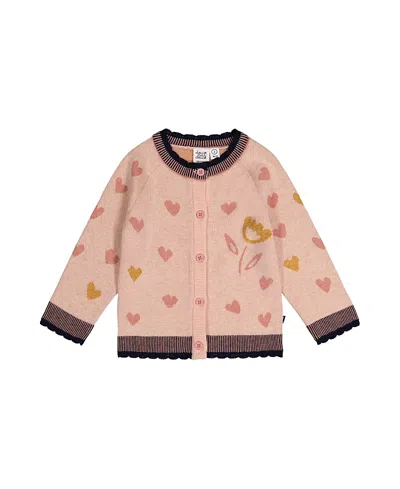 Deux Par Deux Girls' Knitted Jacquard Heart Pattern Scalloped Trim Cardigan - Big Kid In Pink