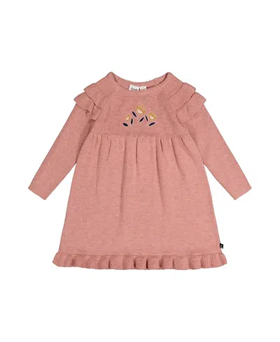 Deux Par Deux Girls' Knitted Ruffled Shoulder Floral Detail Dress - Baby In Pink