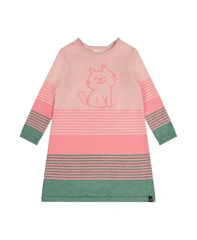 Deux Par Deux Girls' Knitted Stripe Cat Applique A-line Dress - Baby In Pink