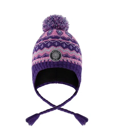 Deux Par Deux Girls' Lined Peruvian Knit Pompom Hat - Baby, Little Kid, Big Kid In Purple