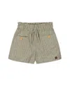 Deux Par Deux Girl's Linen Short With Pockets Medium Green And Cream Striped In Medium Green And Cream Striped