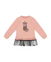 Deux Par Deux Long Bi-material Top With Mesh Ruffle Hem And Leopard In Pink