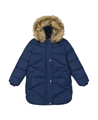 Deux Par Deux Girls' Long Fleece Lined Diamond Quilted Winter Puffer Coat - Little Kid In Blue