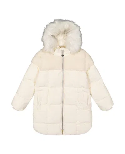 Deux Par Deux Girls' Long Fleece Lined Faux Fur Hood Winter Puffer Coat - Little Kid In White
