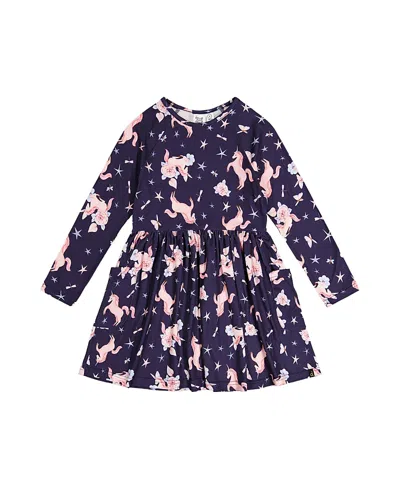 Deux Par Deux Girls' Long Raglan Sleeve Unicorn Dress With Patch Pockets - Big Kid In Purple