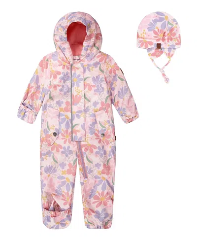 Deux Par Deux Girls' Mid-season One-piece Flower Print Outerwear With Hat - Baby In Pink