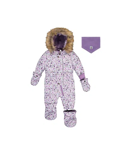 Deux Par Deux Girls' Mini Flowers Original One Piece Puffy Snowsuit With Removable Mittens And Boots In Purple