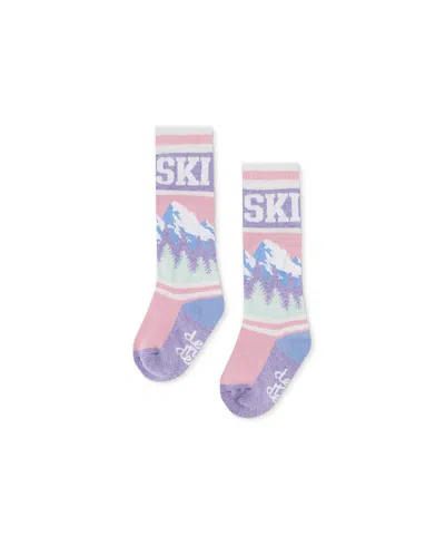 Deux Par Deux Girls' Mountain Graphic Merino Wool Ski Socks - Baby In Pink