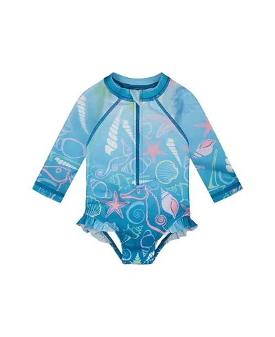 Deux Par Deux Girls' One-piece Long Sleeve Shell Print Rashguard - Baby In Orange