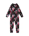 Deux Par Deux Girl's One Piece Thermal Underwear Black Printed Roses In Printed Roses