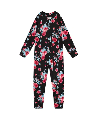 Deux Par Deux Girl's One Piece Thermal Underwear Black Printed Roses