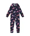 Deux Par Deux Girl's One Piece Thermal Underwear Navy Printed Unicorn In Printed Unicorns