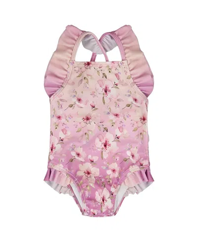 Deux Par Deux Girls' One-piece Ruffle Flower Print Swimsuit - Baby In Pink