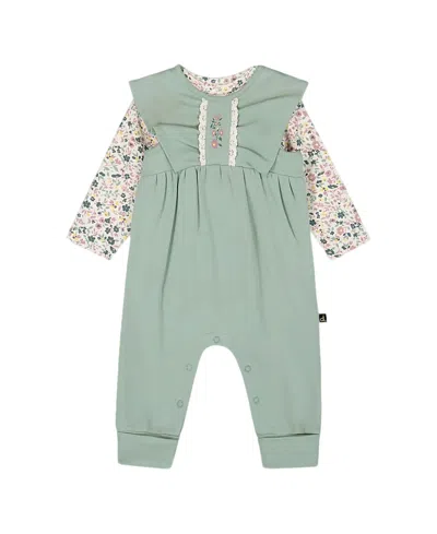 Deux Par Deux Girls' Organic Cotton Bodysuit And Sleeveless Overalls Set - Baby In Green