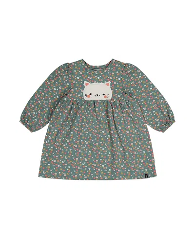Deux Par Deux Girls' Organic Cotton Fleece Cat Gathered Skirt Dress - Baby In Green