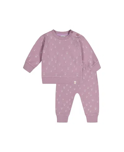 Deux Par Deux Babies'  Organic Cotton Floral Soft Cozy Pants And Long Sleeve Top Set In Purple