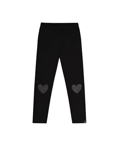 Deux Par Deux Girls' Organic Cotton Glitter Heart Knee Patch Leggings - Little Kid In Black