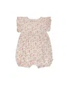 Deux Par Deux Baby Girl's Organic Cotton Pointelle Romper With Frills Printed White And Pink Flowers In White With Pink Flowers
