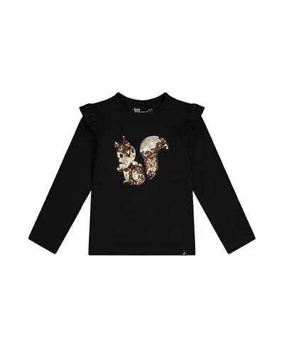 Deux Par Deux Girls' Organic Cotton Sequin Squirrel Ruffle Shoulder T-shirt - Little Kid In Black And Brown