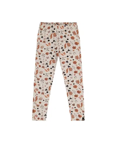 Deux Par Deux Girls' Organic Cotton Squirrel Floral Elastic Waist Leggings - Little Kid In Beige With Squirrel Print
