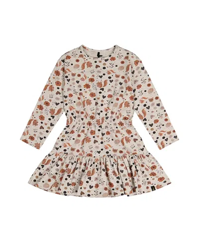 Deux Par Deux Girls' Organic Cotton Squirrel Floral Ruffle Yoke Dress - Little Kid In Beige With Squirrel Print