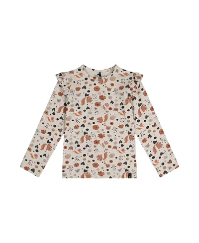 Deux Par Deux Girls' Organic Cotton Squirrel Ruffle Shoulder Long Sleeve T-shirt - Little Kid In Beige With Squirrel Print