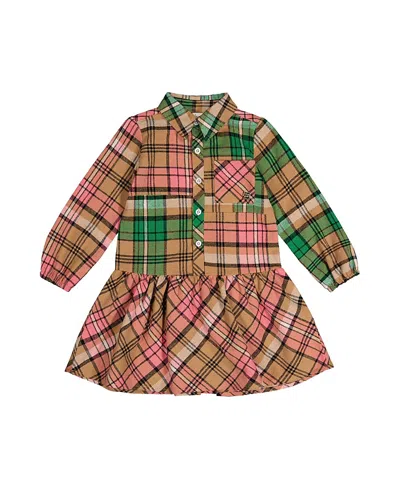 Deux Par Deux Girls' Plaid Button Front Chest Pocket Shirt Dress - Little Kid In Multi
