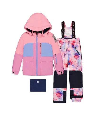 Deux Par Deux Girls' Play Colorblock Jacket & Floral Pants Two Piece Snowsuit - Big Kid In Pink