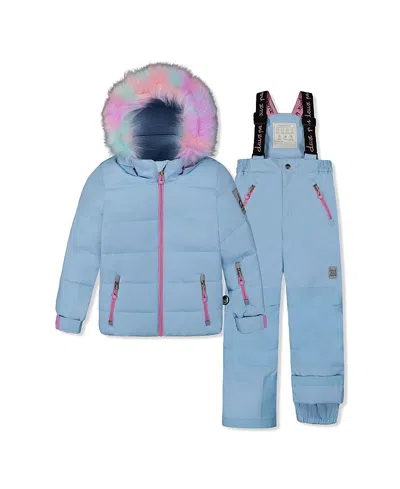 Deux Par Deux Girls' Play Faux Fur Hood Jacket & Reinforced Pant Two Piece Snowsuit - Little Kid, Bi In Blue
