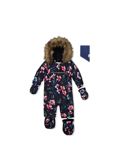 Deux Par Deux Girls' Play Floral Faux Fur Hood Car Seat One Piece Snowsuit - Baby, Little Kid In Orange