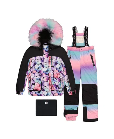Deux Par Deux Girls' Play Floral Jacket & Gradient Pants Two Piece Snowsuit - Little Kid In Black