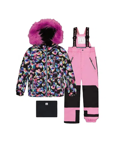 Deux Par Deux Girls' Play Heart Jacket & Reinforced Pants Two Piece Snowsuit - Little Kid In Pink