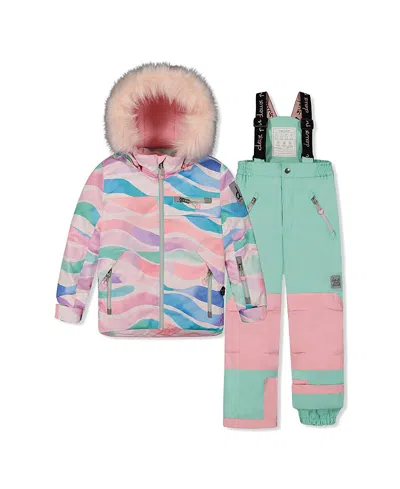 Deux Par Deux Girls' Play Line Print Faux Fur Hood Jacket & Pants Two Piece Snowsuit - Little Kid In Multi