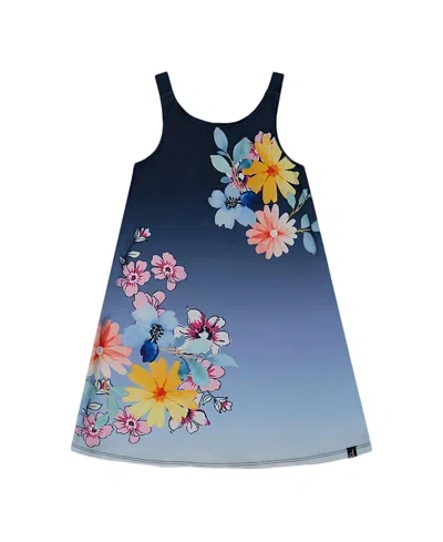 Deux Par Deux Girls' Printed Beach Dress - Little Kid In Yellow/pink Flowers On Navy Blue