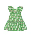 Deux Par Deux Little Girl's Printed Dress With Flounce Sleeves Green With White And Pink Bird In Green With White And Pink Bird