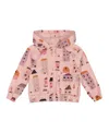 Deux Par Deux Girl's Printed French Terry Hoodie Cardigan Pink And Coral Houses