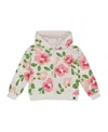 Deux Par Deux Girl's Printed French Terry Hoodie Cardigan Pink Flowers On White Background In Pink Flowers On White Background