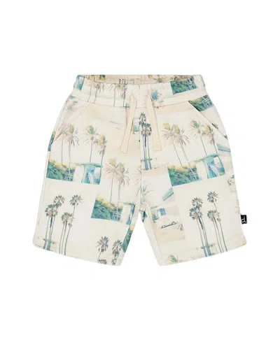 Deux Par Deux Girls' Printed French Terry Short - Baby In Beige Palm Tree And Teal