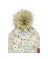 Deux Par Deux Girl's Printed Jersey Detachable Pompom Hat Small White Flowers On Turquoise And Lilac In Small White Flowers On Turquoise