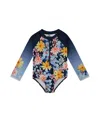 Deux Par Deux Little Girl's Printed Long Sleeve Rashguard Navy And Yellow And Pink Flowers In Navy/yellow And Pink Flowers
