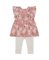 Deux Par Deux Baby Girl's Printed Muslin Tunic And Rib Leggings Set Pink And White Flowers In Pink And White Flowers